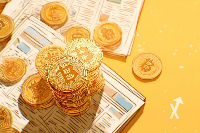 Diario con Bitcoin sobre fondo amarillo.