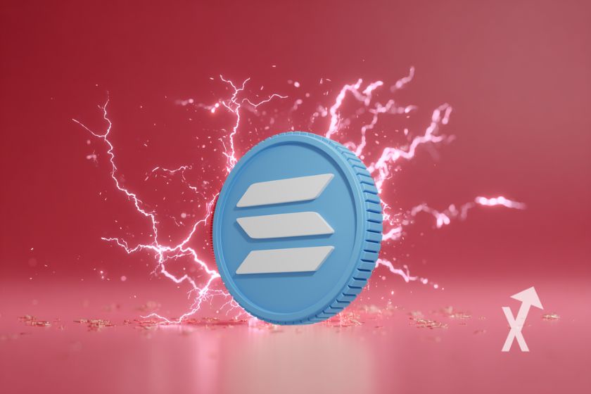 Moneda Solana SOL con electricidad. Fondo rojo.