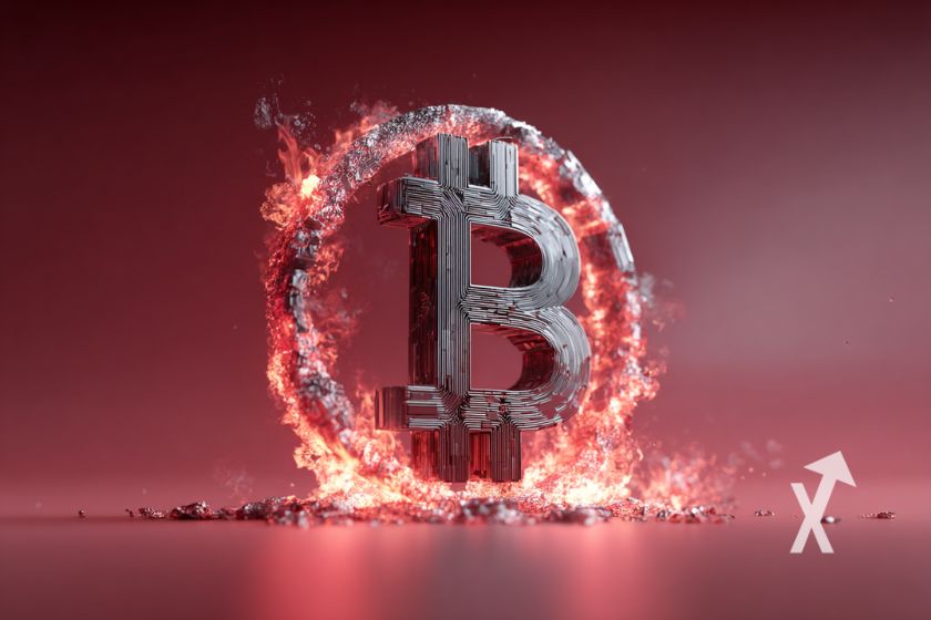 Bitcoin logo circled by red flame.