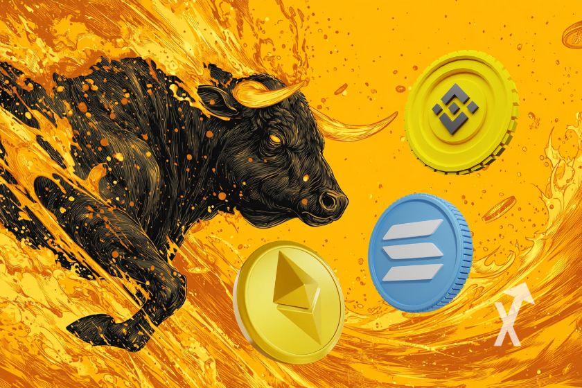 Bull con 3 fichas BNB, SOL y ETH sobre fondo naranja.