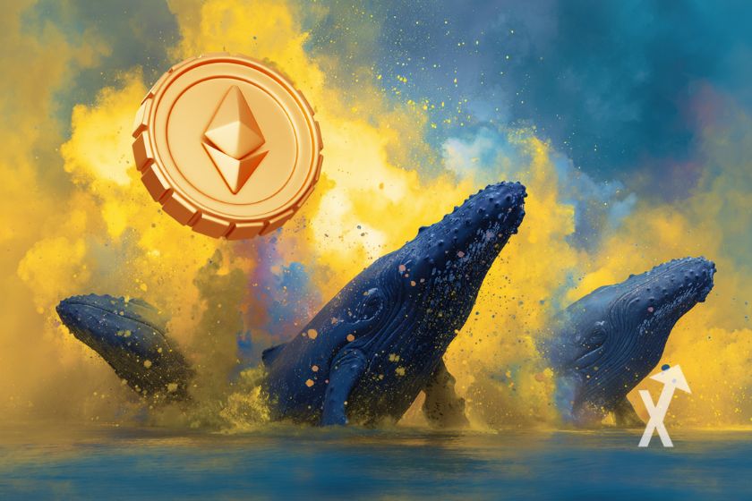 Ballenas emergiendo de humo amarillo 3D.