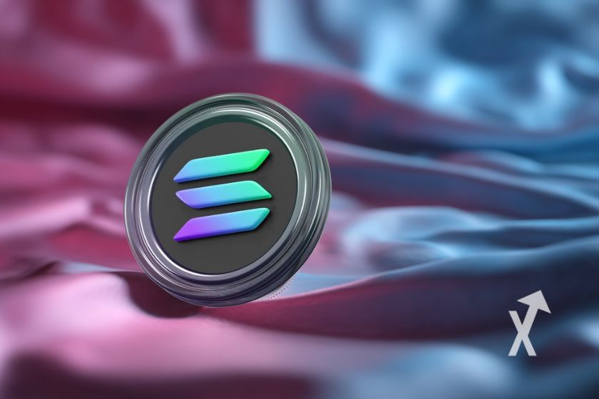 Moneda Solana en 3D en bandera estadounidense.