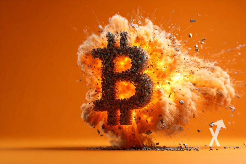 Logotipo de Bitcoin tridimensional explosivo.