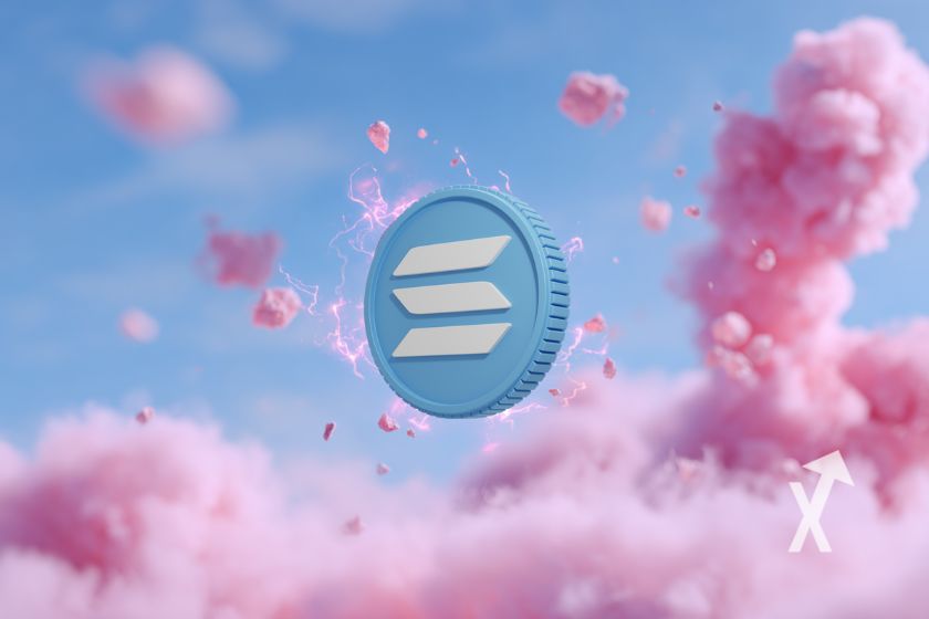 Criptomoneda Solana SOL en cielo azul.