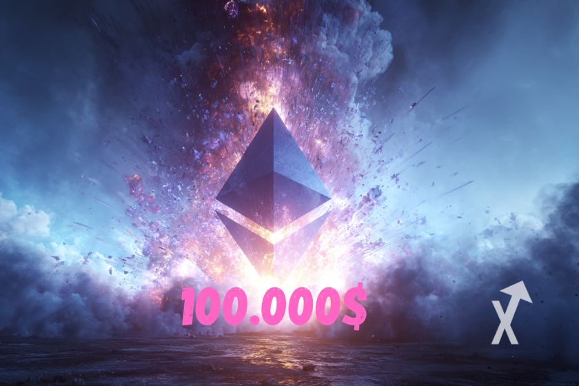 "Logo Ethereum en fondo violeta humo azul letras "100.000 dólares" en rosa."