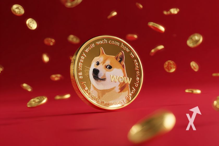 Moneda Dogecoin 3D en ambiente rojo.