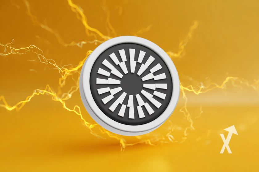 Moneda MNT con electricidad y fondo amarillo.