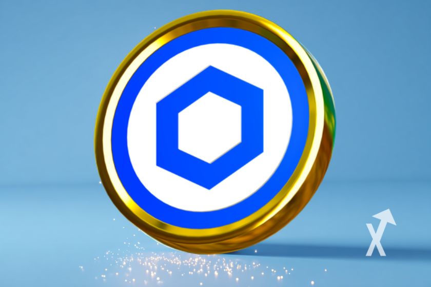 "Moneda LINK en cadena azul brillante."