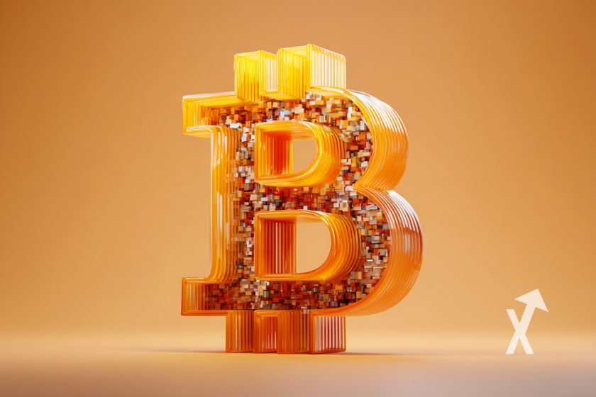 Logo de Bitcoin en 3D. Color anaranjado.
