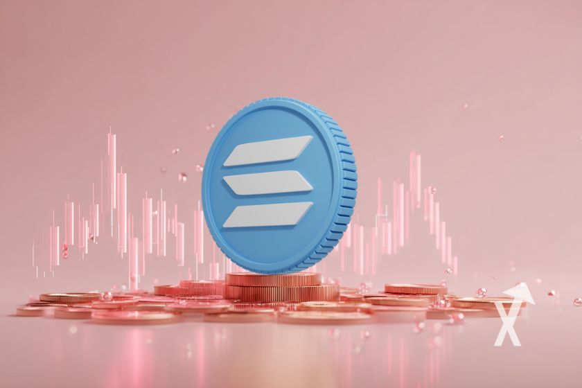 Moneda Solana SOL con gráfico.