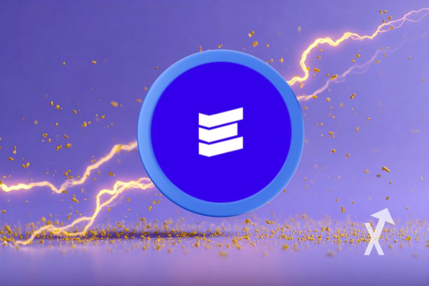 Moneda EVAA azul fondo púrpura.