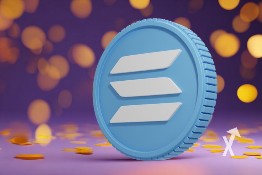 Moneda Solana azul sobre fondo violeta.