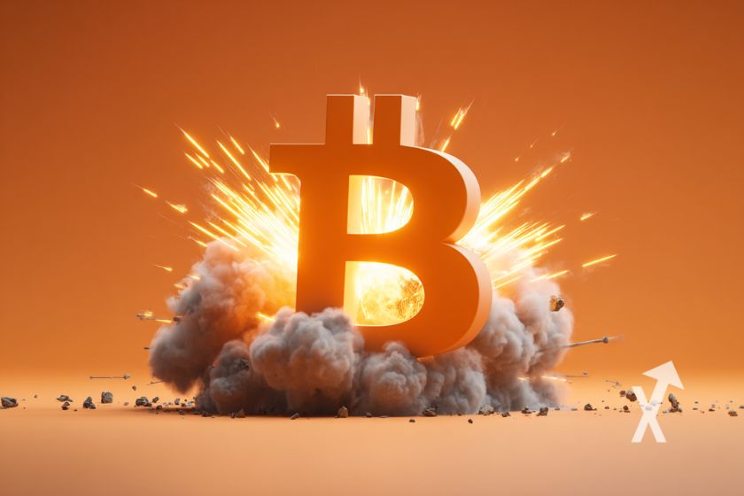 Bitcoin con explosión sobre fondo naranja.