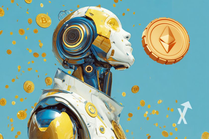 Robot con Bitcoin y Ethereum. Fondo azul.