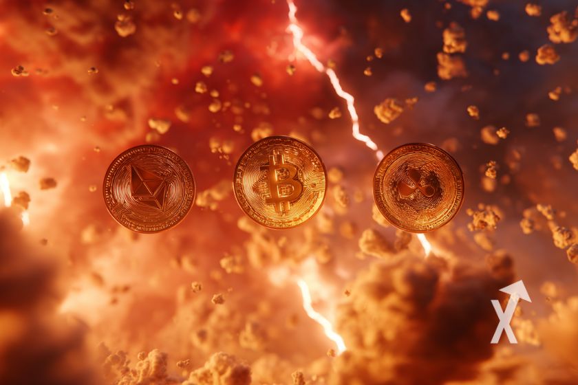 "Monedas digitales en tormenta roja"