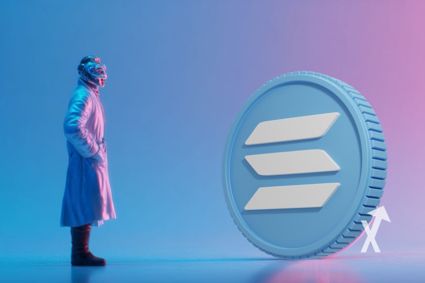 Hombre con máscara y token Solana.