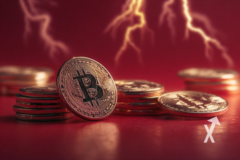 "Monedas Bitcoin apiladas sobre fondo rojo"