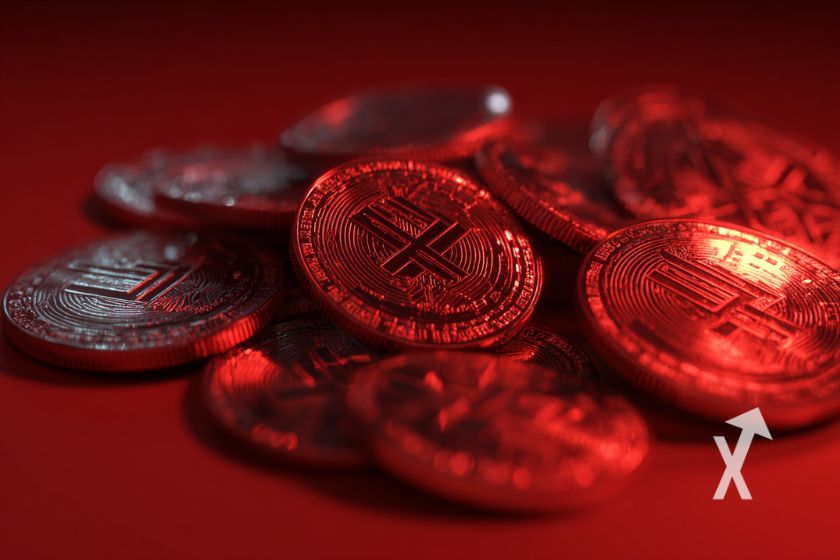"Cripto tokens en ambiente rojo vibrante"