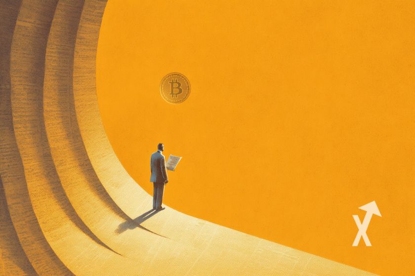 Hombre leyendo noticias cripto en amarillo.