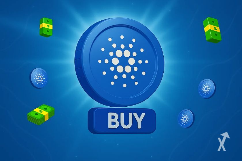 "Logo Cardano en azul con 'BUY'"