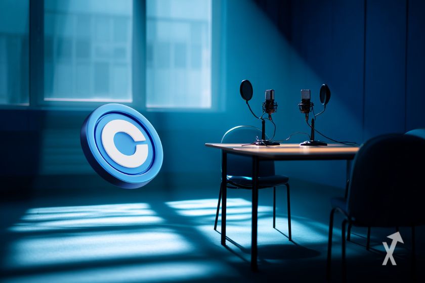 Estudio podcast azul con logo Coinbase.