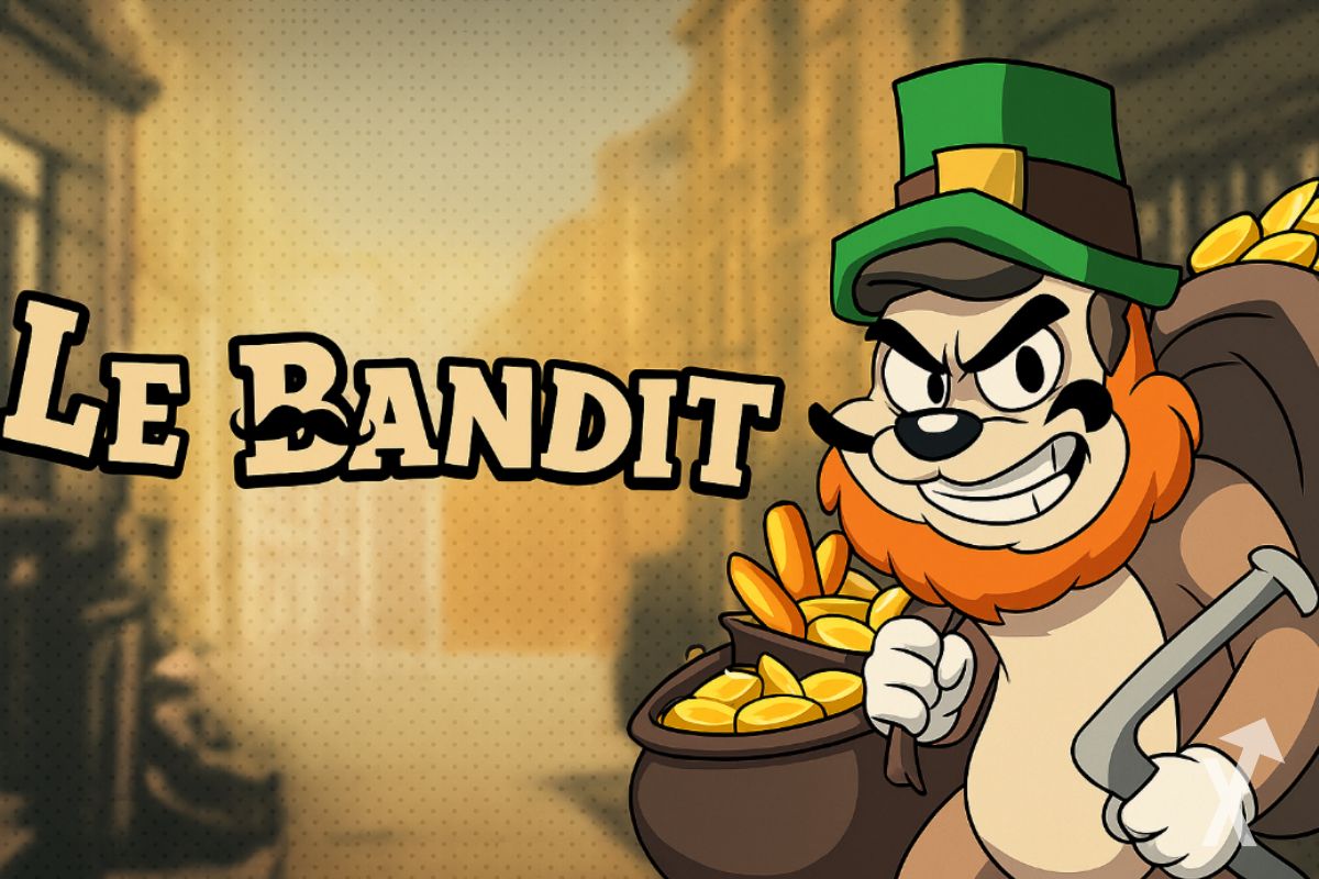 Portada del art&iacute;culo sobre Le Bandit con un bandido sosteniendo una bolsa llena de oro con una ciudad al fondo