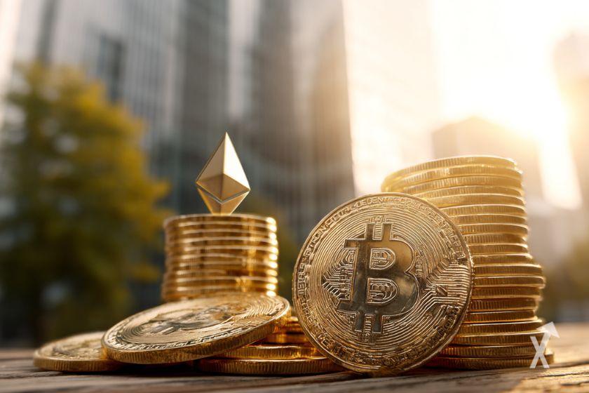 "Montón de BTC con logo ETH"