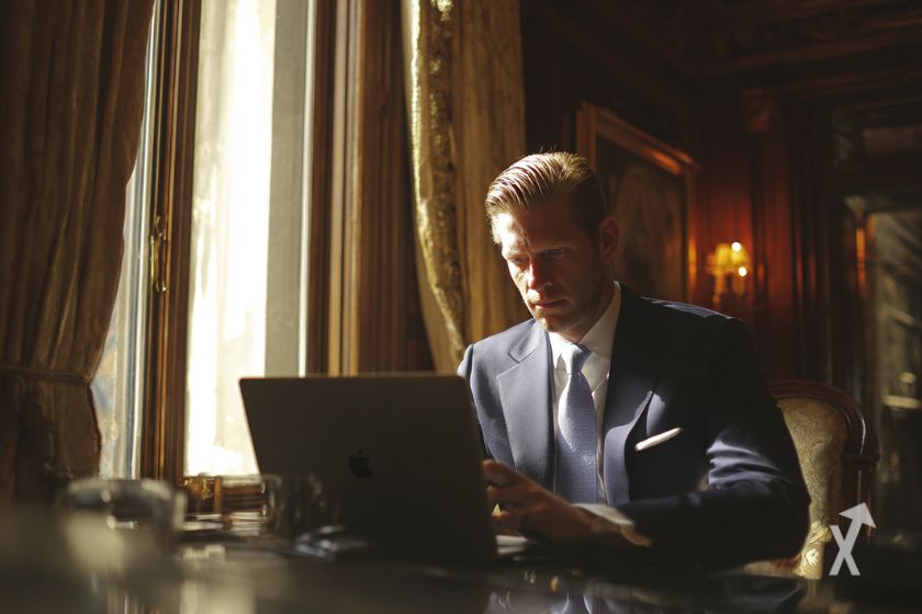 Eric Trump trabajando en computadora portátil.