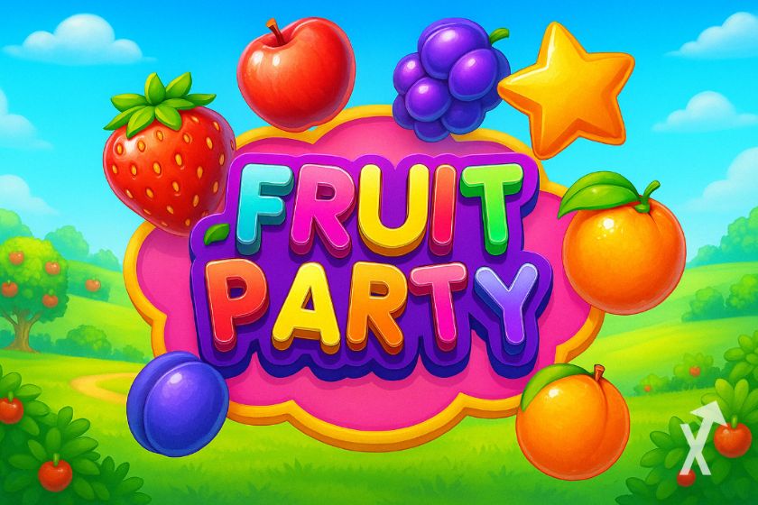 Portada del art&iacute;culo sobre el juego Fruity Party con un fondo de jard&iacute;n lleno de frutas