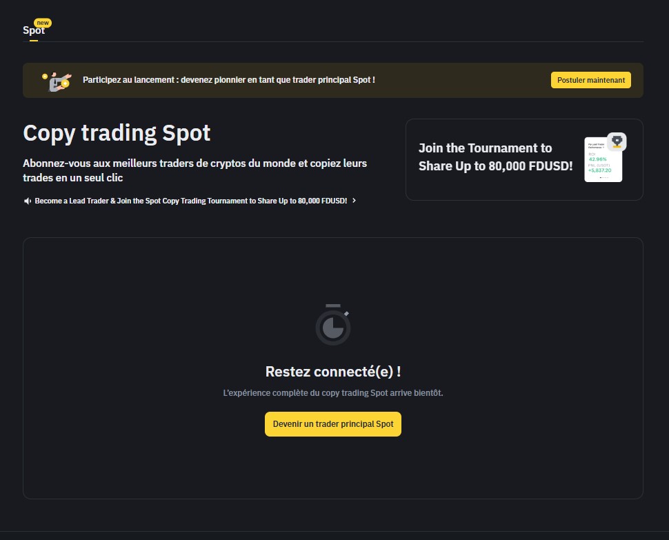 Página de la interfaz de copy trading spot de binance con una descripción y un botón para convertirse en un trader a copiar