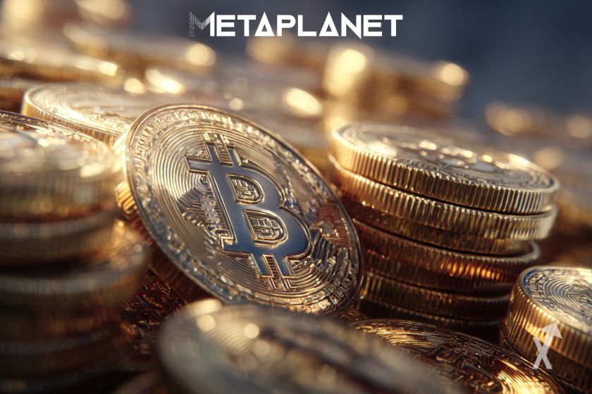 "Apilamiento de Bitcoins y logo Metaplanet"