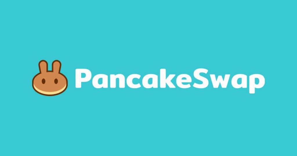 Un banner con el logo de PancakeSwap y un fondo azul claro