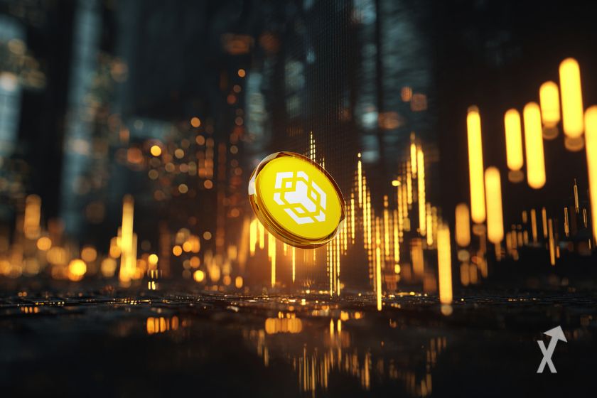 Token BNB frente a gráfico 3D.