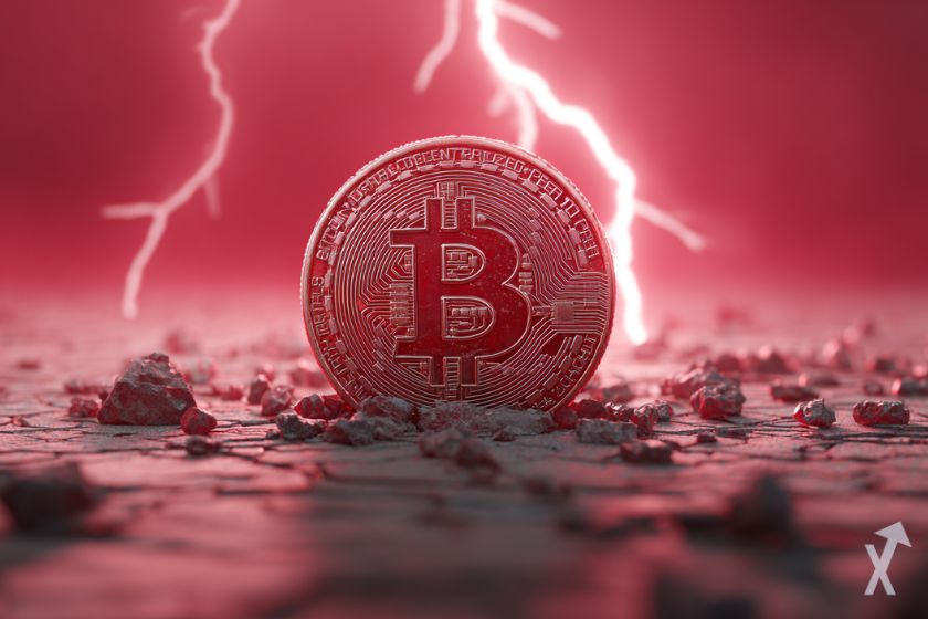 Bitcoin rojo, rayos, atmósfera dramática.