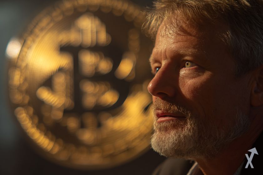 Michael J Saylor con Bitcoin al fondo.