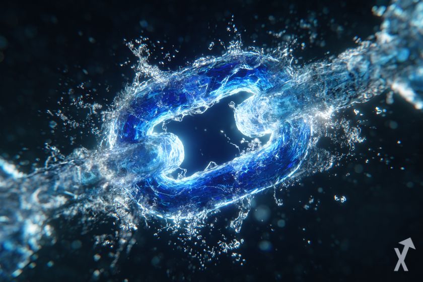 Cadena azul rodeada de agua y luz para simbolizar las ballenas del océano.