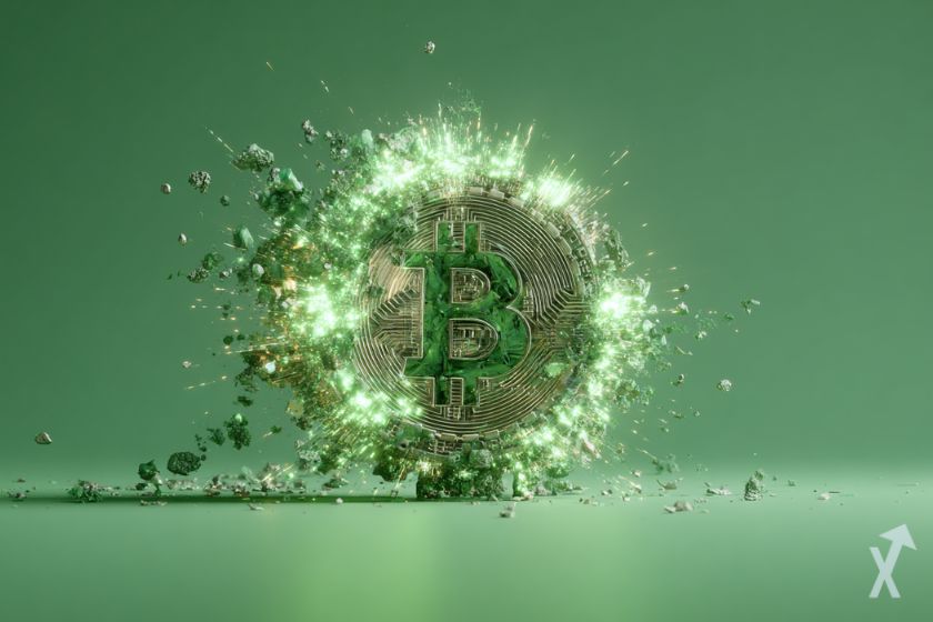 Moneda de bitcoin verde brillante.