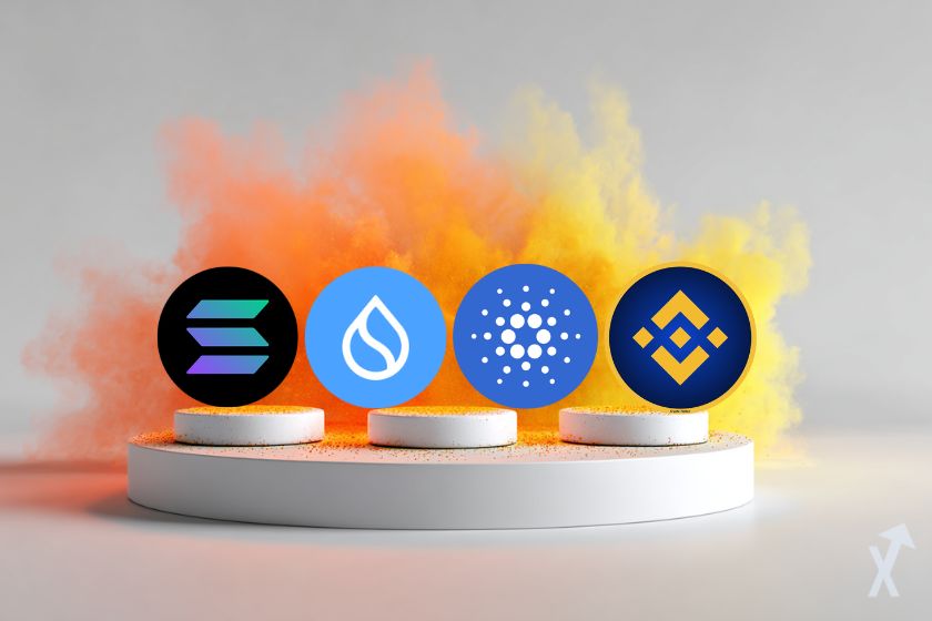 Podio colorido con logos altcoins.