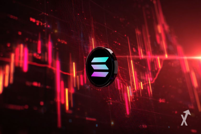 Token Solana negro sobre gráfico de velas rojas.