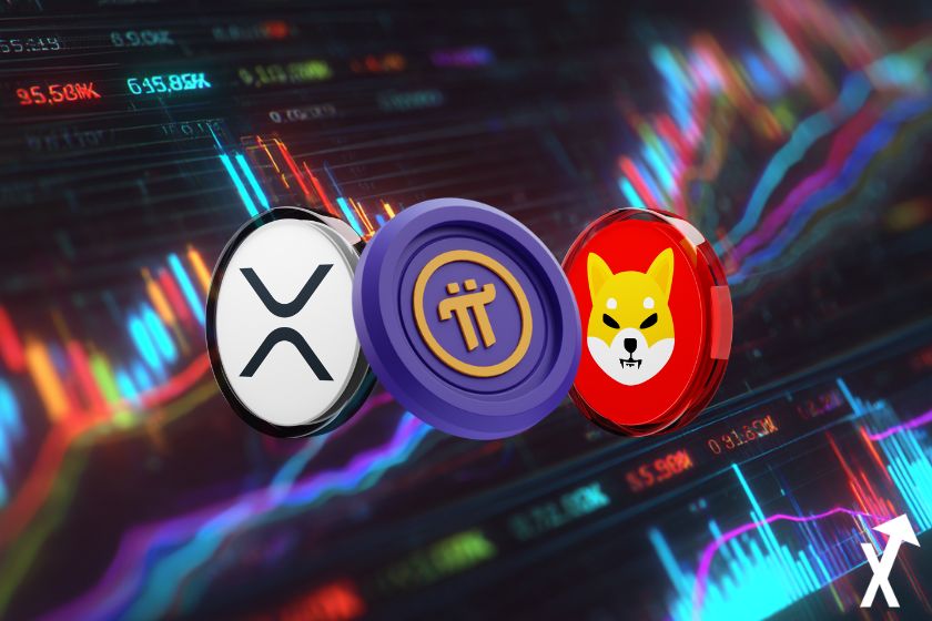 Gráfico del Shiba XRP y Pi Coin sobre fondo de tendencias de colores.