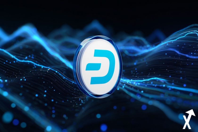 Criptomoneda Dash en fondo azul.