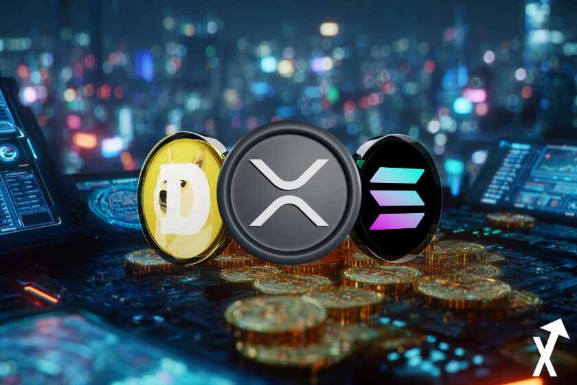 Monedas solana xrp dogecoin ciudad futurista.
