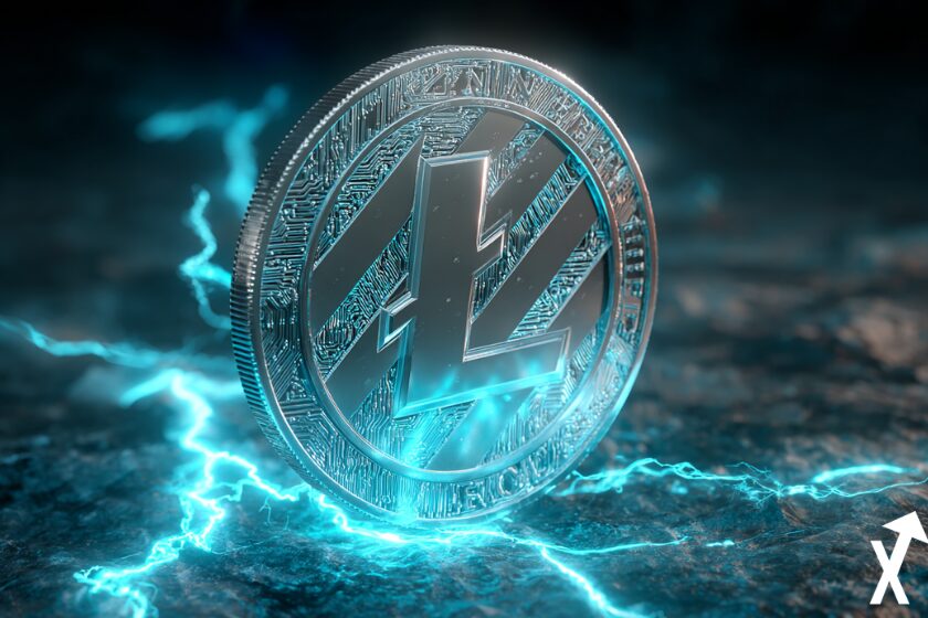 Criptomoneda Litecoin azul y plateada energía.
