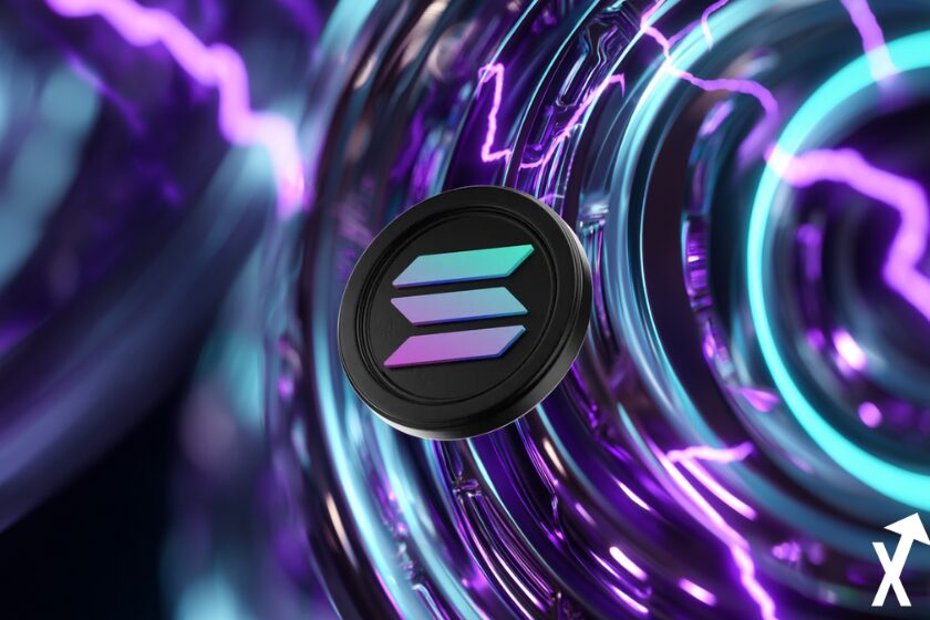 Criptomoneda Solana en fondo eléctrico violeta.