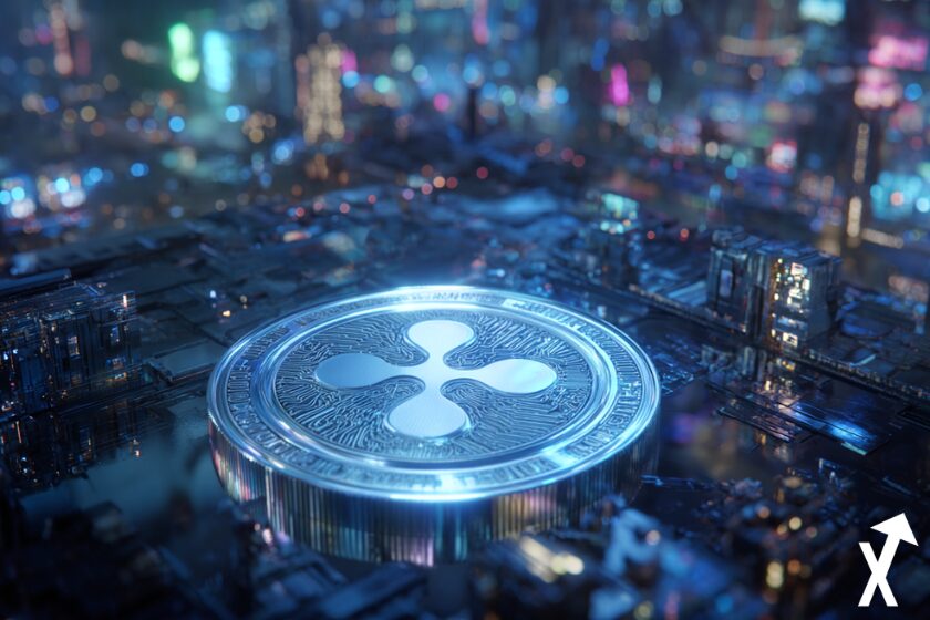 Criptomoneda XRP azul en fondo moderno.
