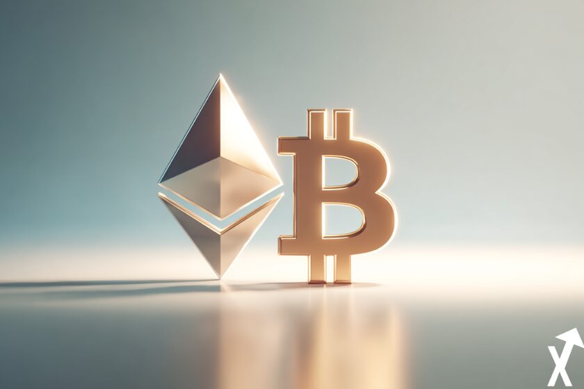 Monedas de ethereum y bitcoin blancas.