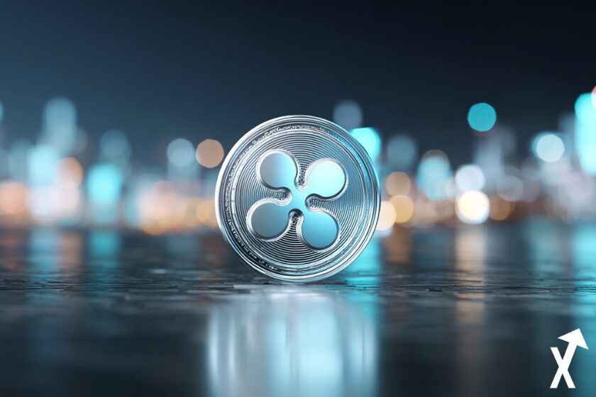 Criptomoneda XRP sobre fondo azul.