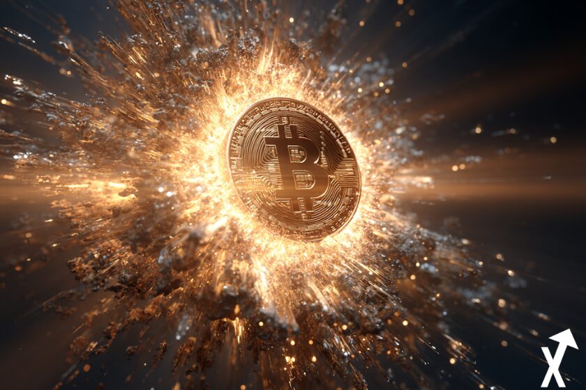 Bitcoin dorado con explosión dorada.