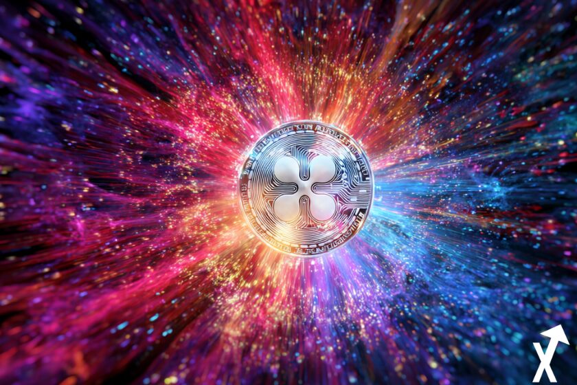 Criptomoneda XRP centrada en fondo colorido.