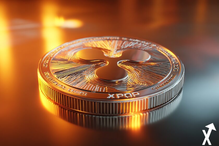 Moneda XRP plateada sobre fondo naranja.